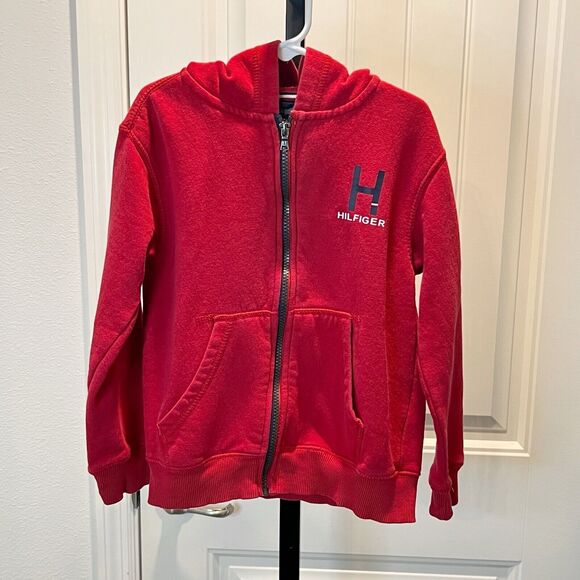 Tommy Hilfiger Red Zip Jacket Youth Size 6 H Logo Long Sleeves Zippered Hoodie - Picture 1 of 11